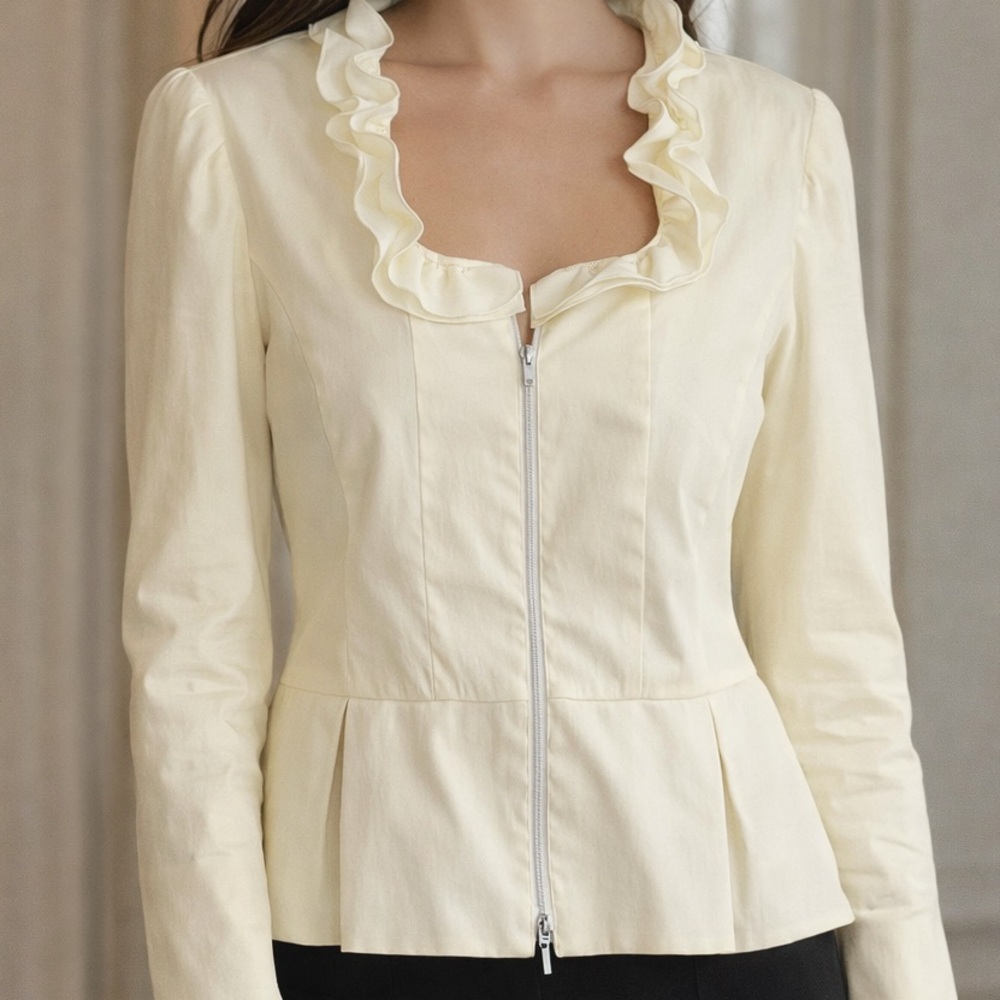 Samuel Dong Elegant Cream Ruffle Zip up Top Size XL